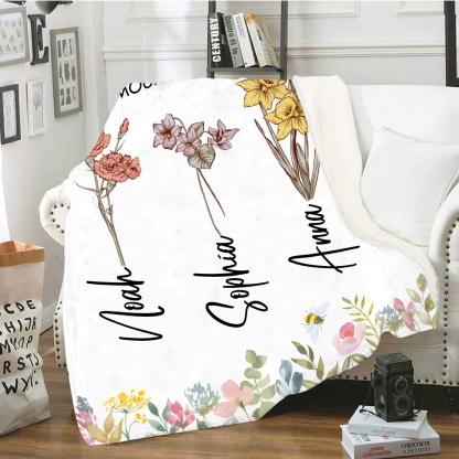 À ma Maman - Plaid Personnalisé 3 Prénoms Personnalisés avec Fleurs de Naissance Couverture le jardin de Maman en Flanelle Blanc ou Rose | Jessemade