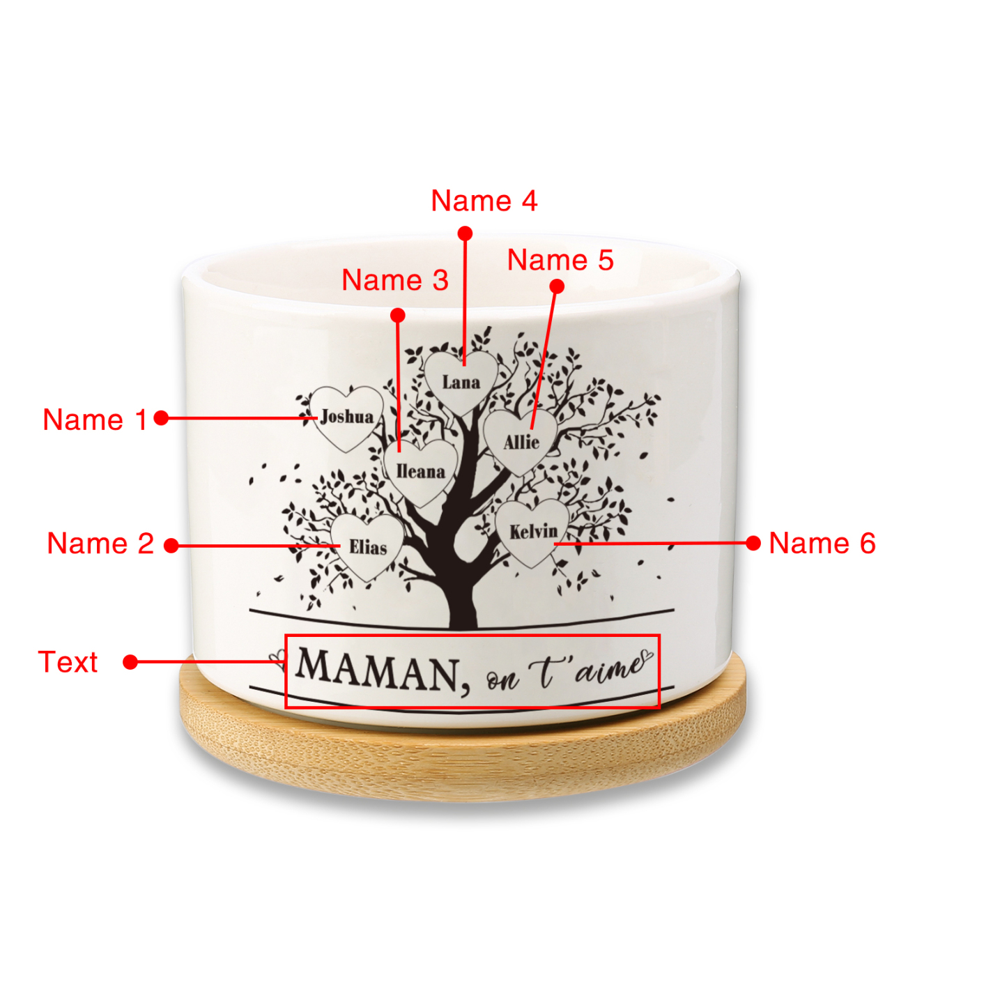 Vase/Pot de Fleurs Arbre de vie 6 Prénoms Personnalisés avec Texte Décoration de la Maison (sans plantes)