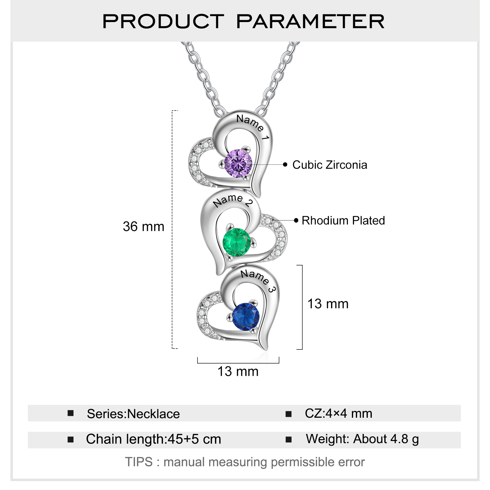 Collier 3 Prénom Personnalisé Pendentif Cœur avec 3 Pierre de Naissance