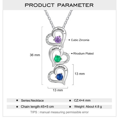 Collier 3 Prénom Personnalisé Pendentif Cœur avec 3 Pierre de Naissance