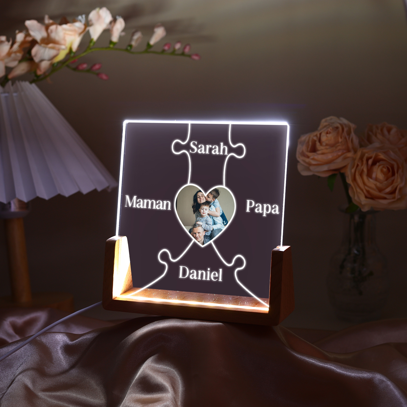 Lampe de chevet LED Puzzles 4 Prénoms Personnalisés avec Photo pour Famille