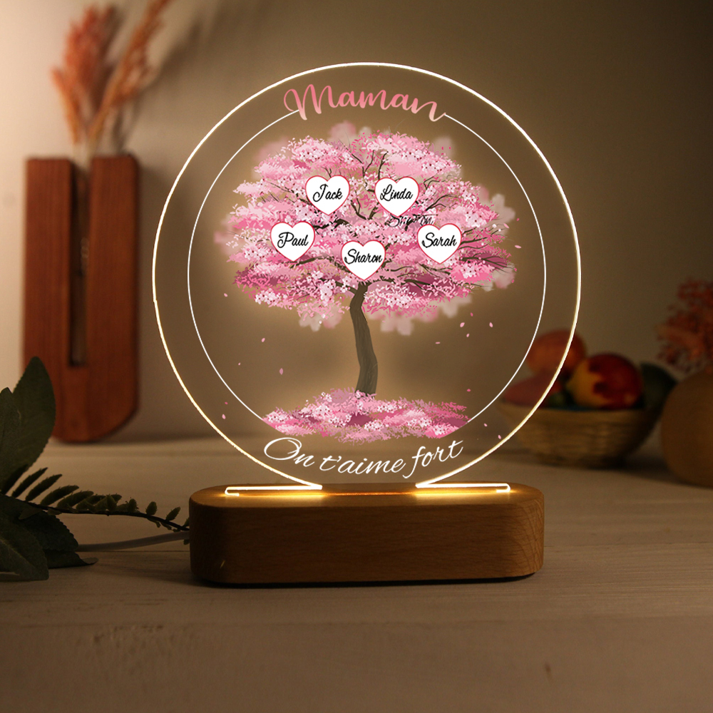 À Maman/Mamie - Lampe de chevet LED Lumières Arbre 5 Prénoms et 2 Textes Personnalisés pour Famille