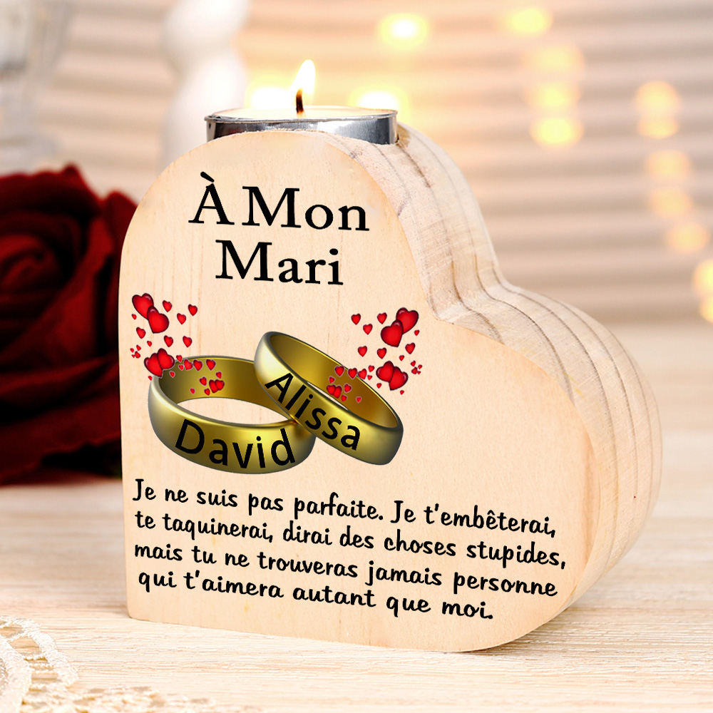 À Mon Mari-Bougeoir en Bois Couple 2 Prénoms Personnalisés sans bougie