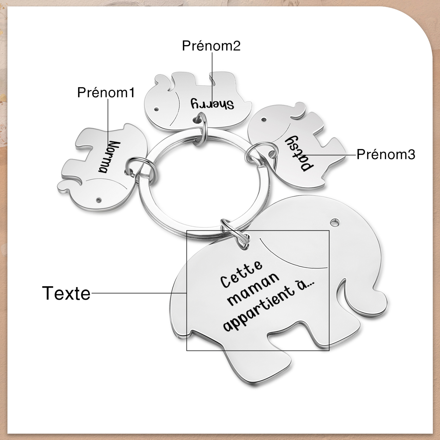 À Maman/Mamie - Porte-Clés Éléphant 3 Prénoms Personnalisés avec Texte