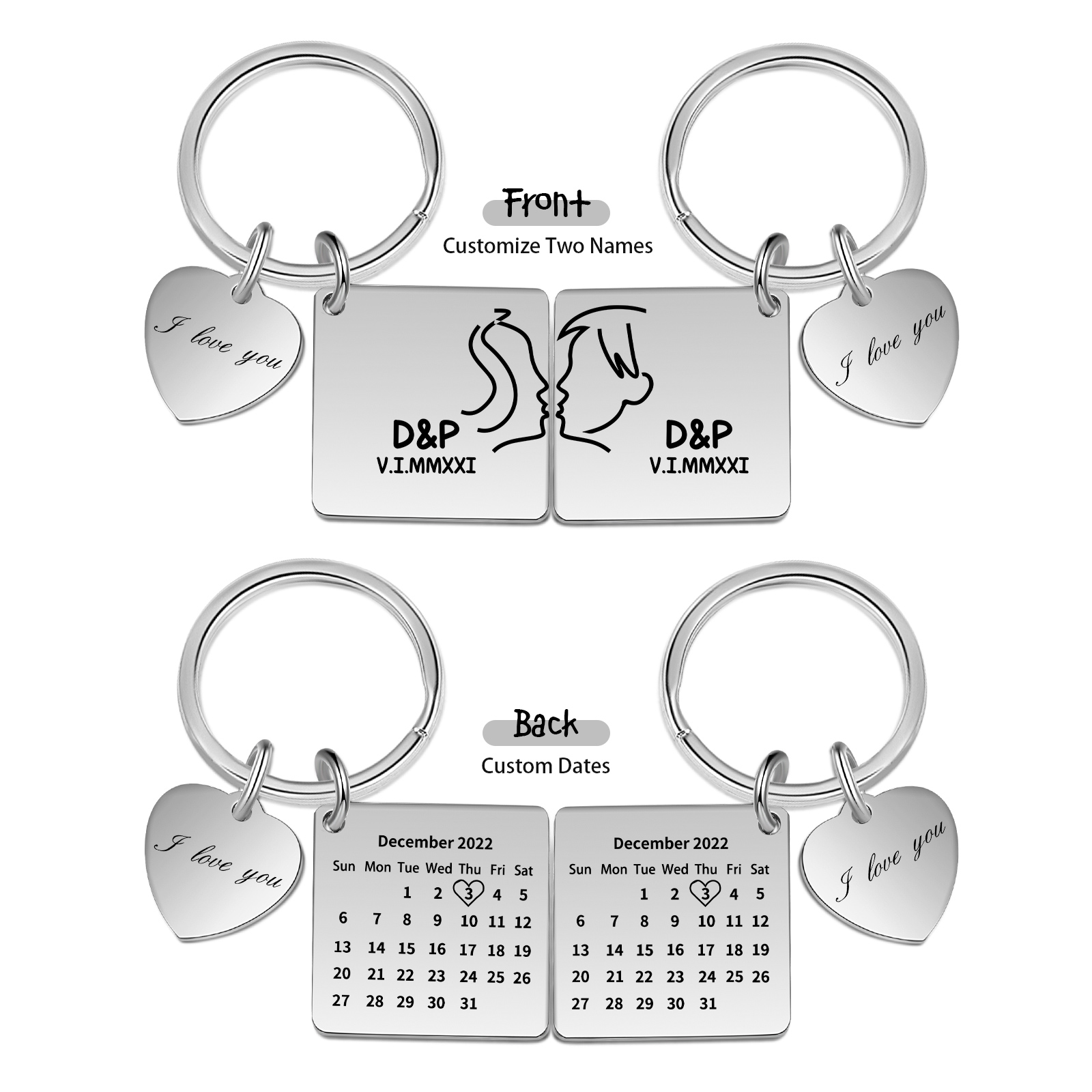 Porte-Clés Cœur 2 Prénoms Personnalisé avec date et 2 lettres | Jessemade