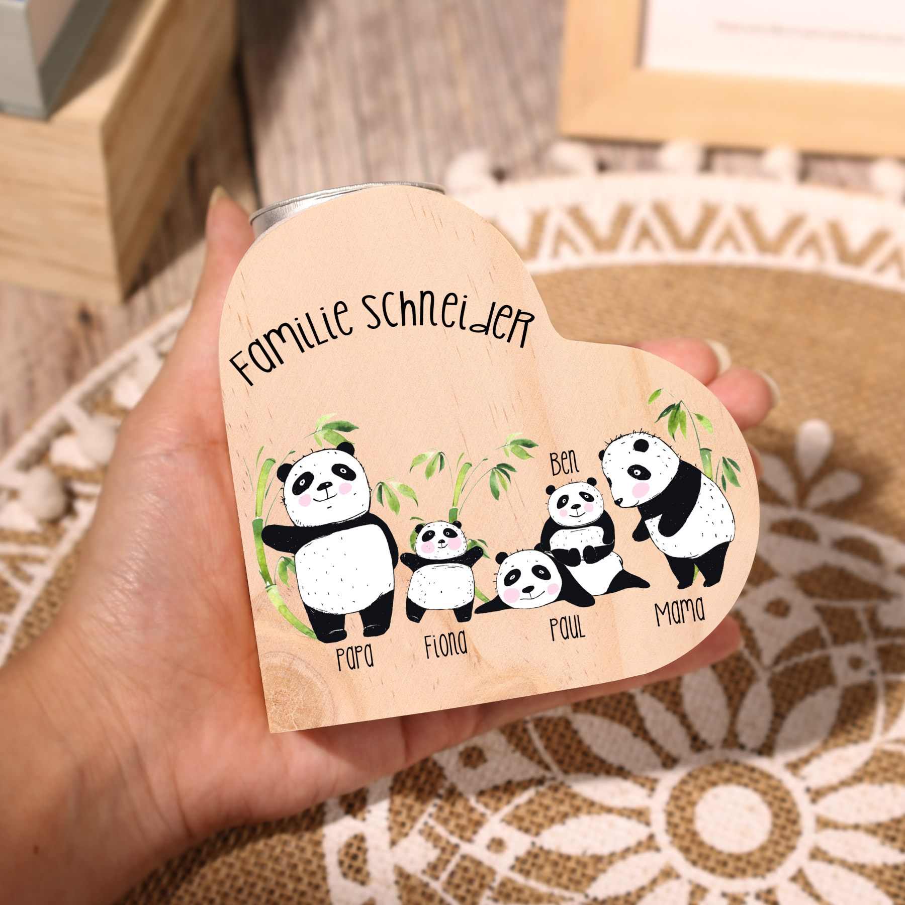 Bougeoirs en Bois Panda sans bougie 5 Prénoms Personnalisé avec 2 textes