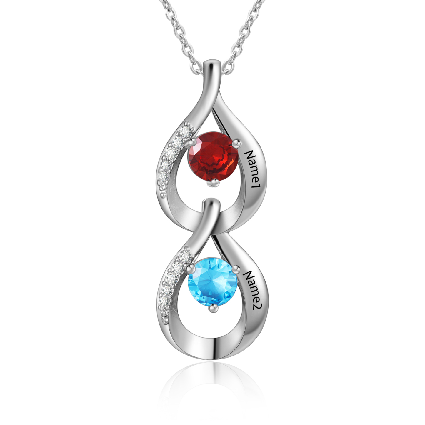 Collier Pendentif Goutte d'eau 2 Prénoms Personnalisés avec Pierres de naissance
