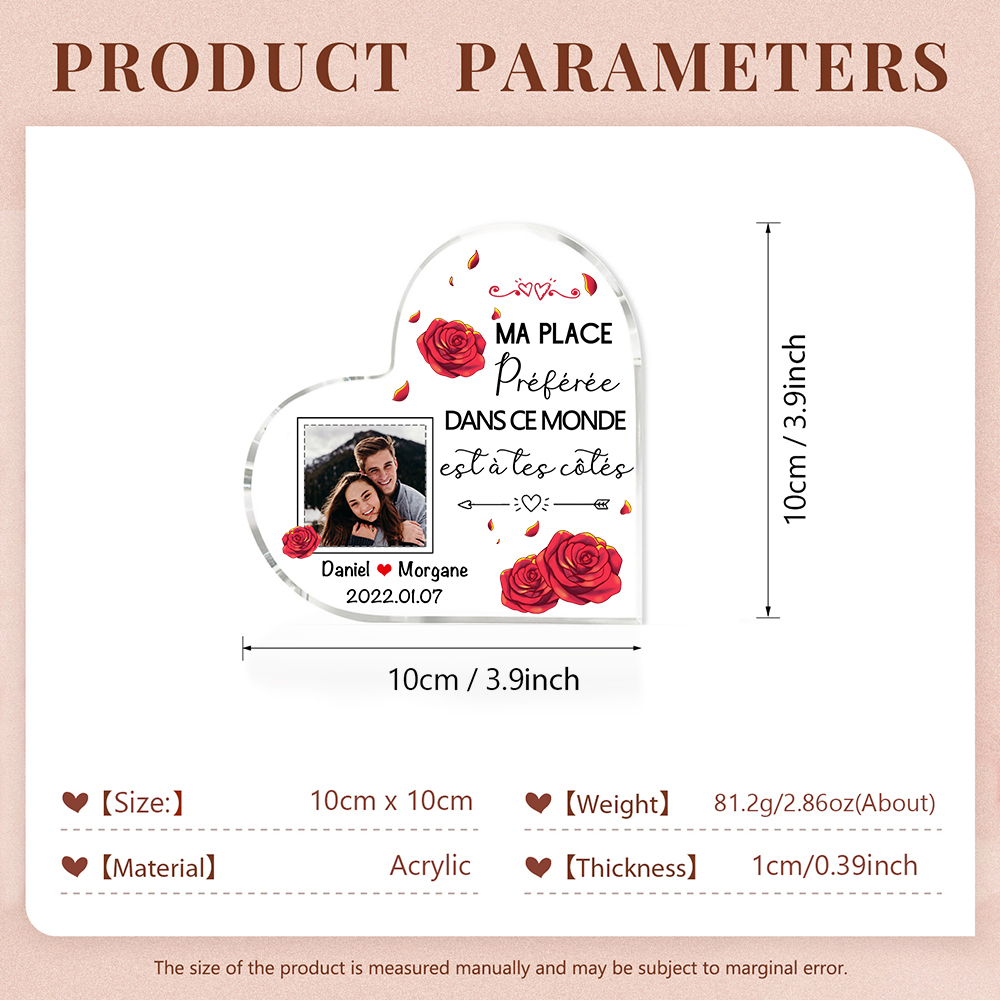 Plaque Acrylique en Forme de Coeur 2 Prénoms avec Photo et Date Personnalisées
