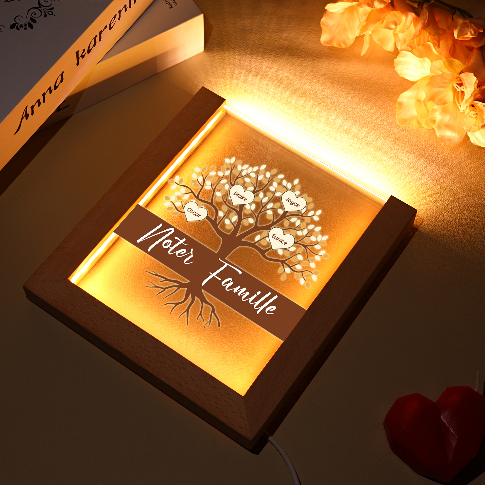 À Maman/Mamie - Lampe de chevet LED Arbre 4 Prénoms Personnalisés avec 1 Texte