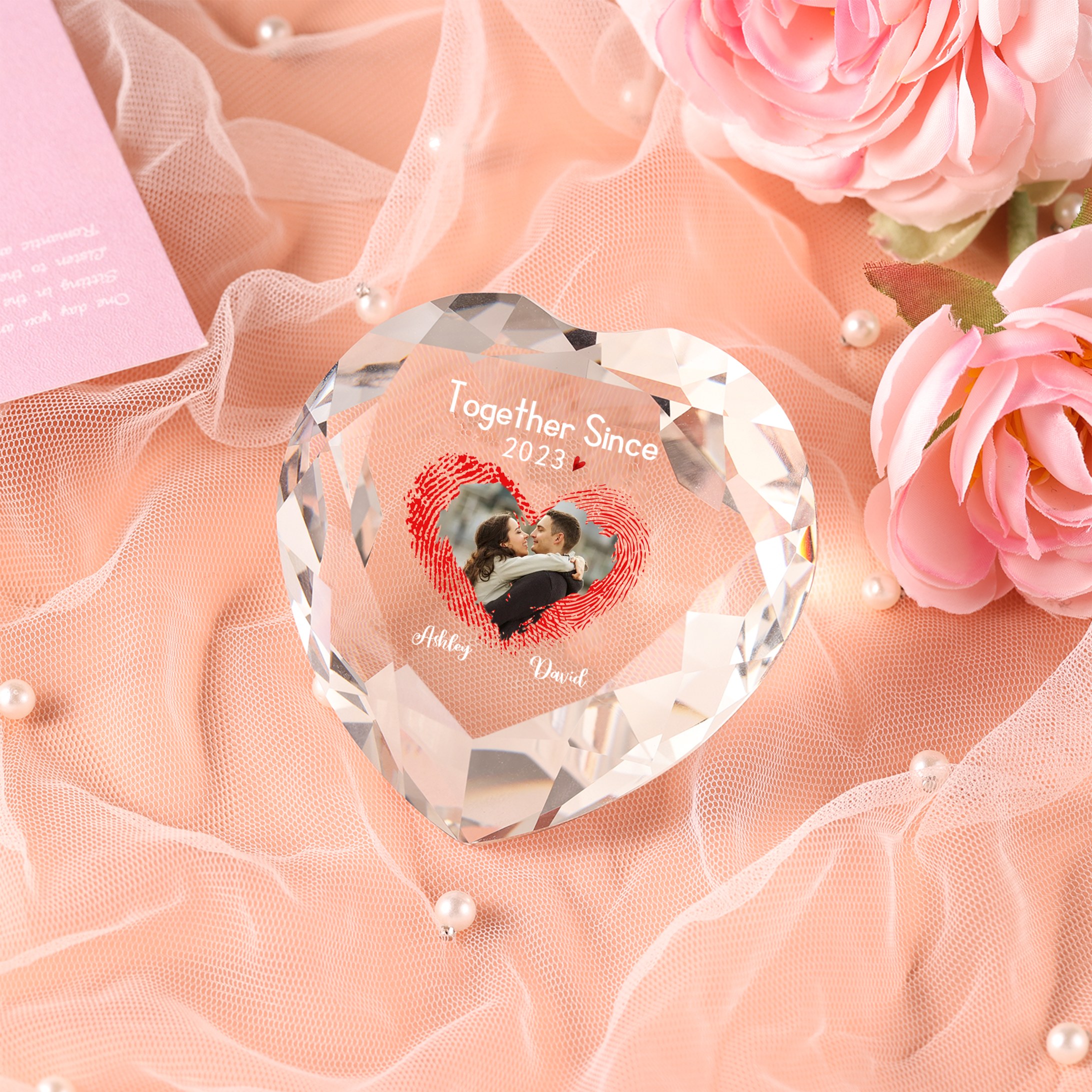 Décoration Cristal Cœur 2 Prénoms et 1 Photo Personnalisés avec Texte et Année pour Couple