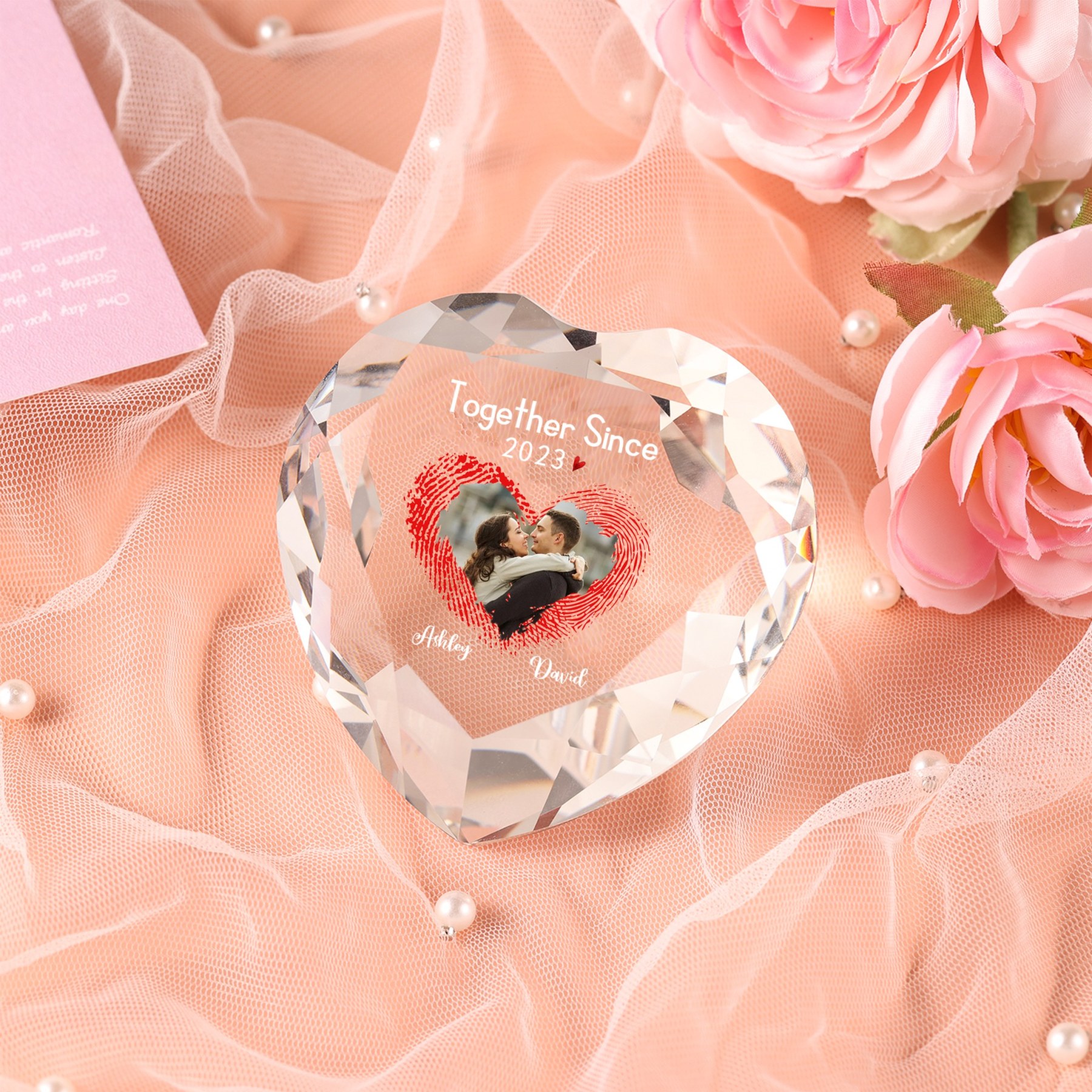 Décoration Cristal Cœur 2 Prénoms et 1 Photo Personnalisés avec Texte et Année pour Couple