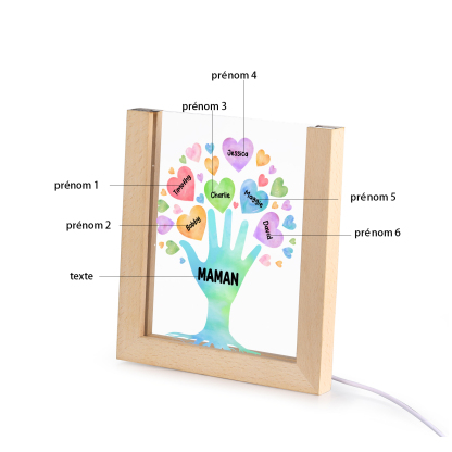À Maman/Mamie - Lampe de chevet LED Main et Cœur 6 Prénoms Personnalisés avec 1 Texte
