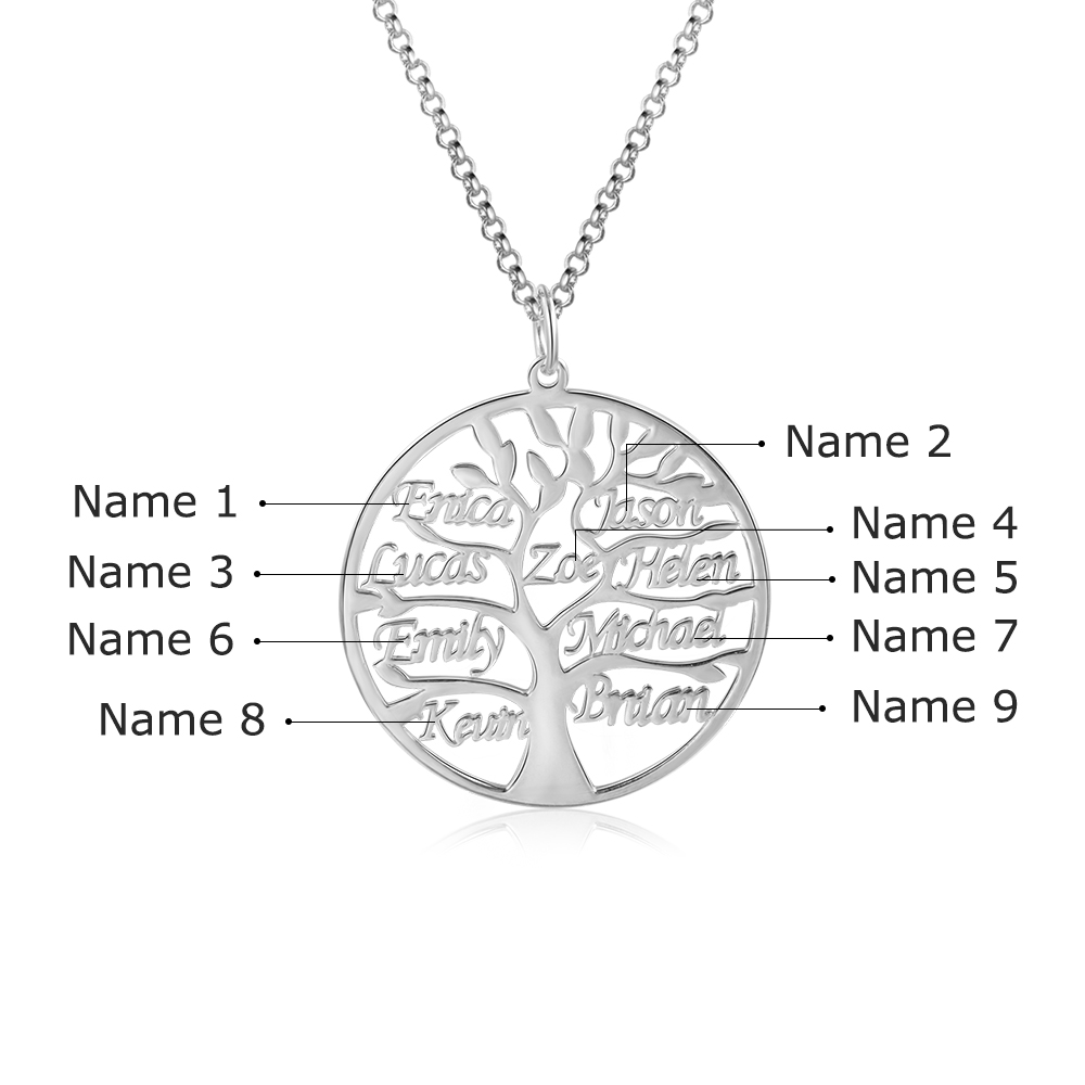 Collier Argent Arbre de vie Arbre généalogique 9 prenoms