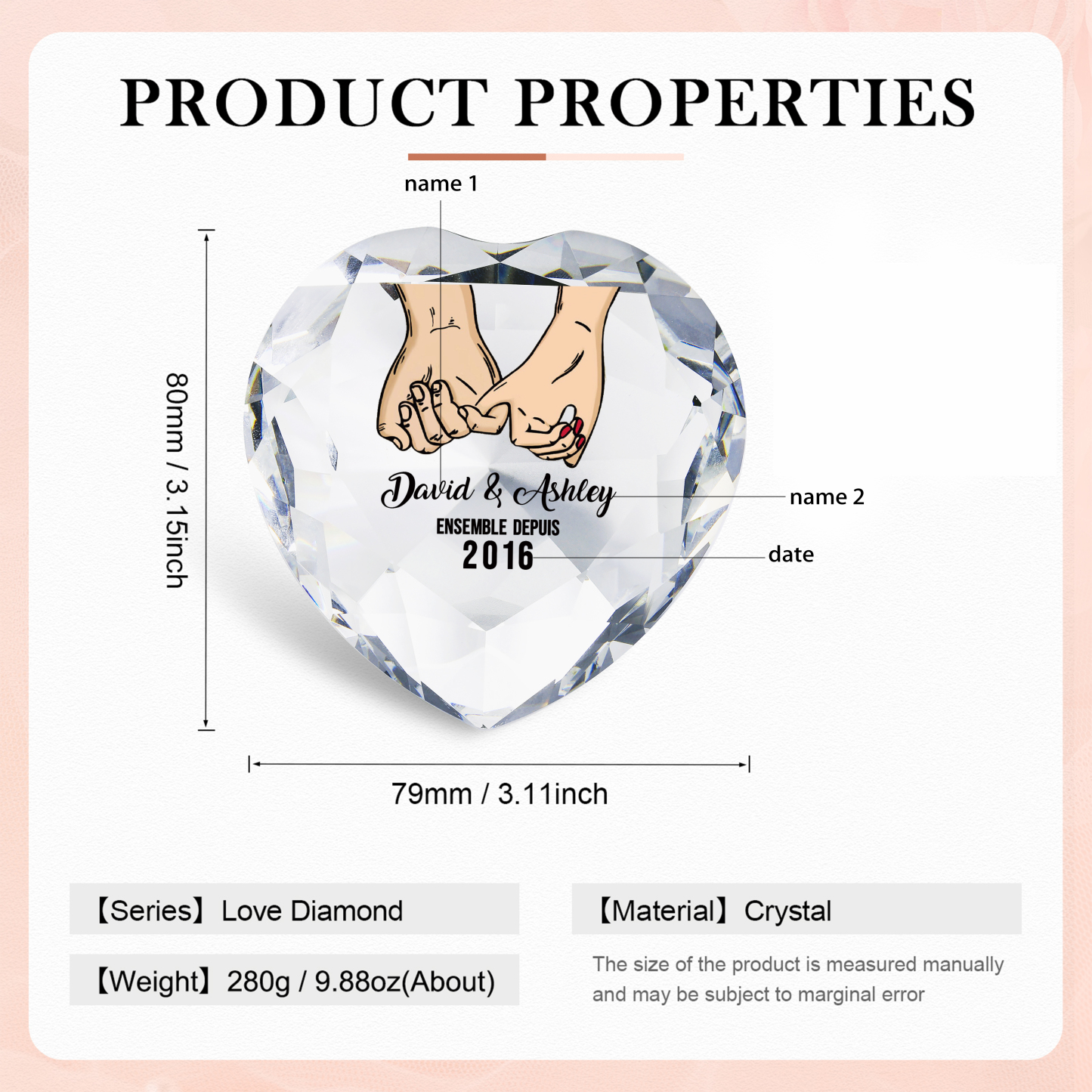 Décoration Cristal Cœur 2 Prénoms Personnalisés avec Année pour Couple
