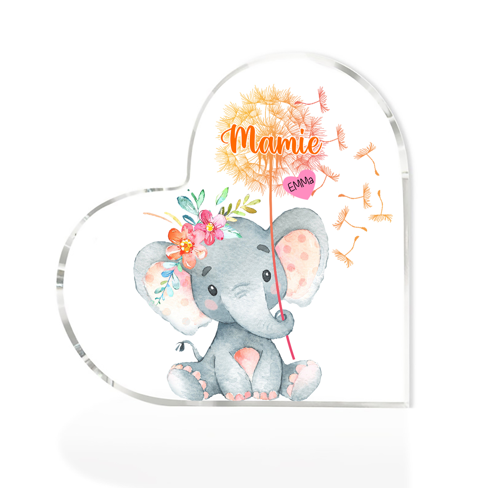 À ma Mamie - Plaque Acrylique en Forme de Cœur Éléphant 1 Prénom Personnalisé