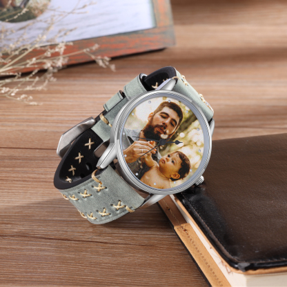 Montre Personnalisée Photo avec Gravure du prénom en Cuir véritable