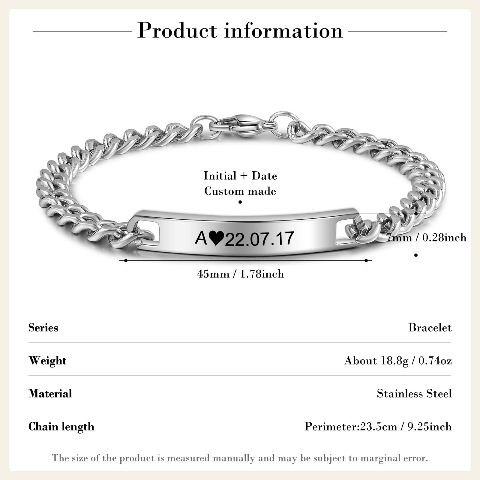 2PCS Bracelet Gourmette 2 Textes Personnalisés pour Couple Saint-Valentin