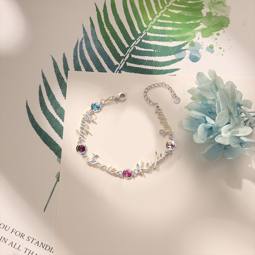 Bracelet Breloque 4 Prénoms Personnalisés avec 4 Pierre de Naissance pour Femmes