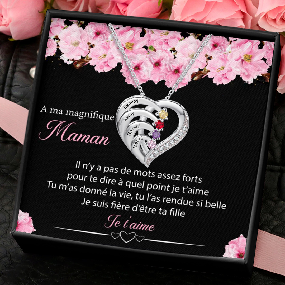 À Ma magnifique Maman - Collier Prénom Personnalis cœur en Argent 925 4 Prénoms 4 pierre de naissance