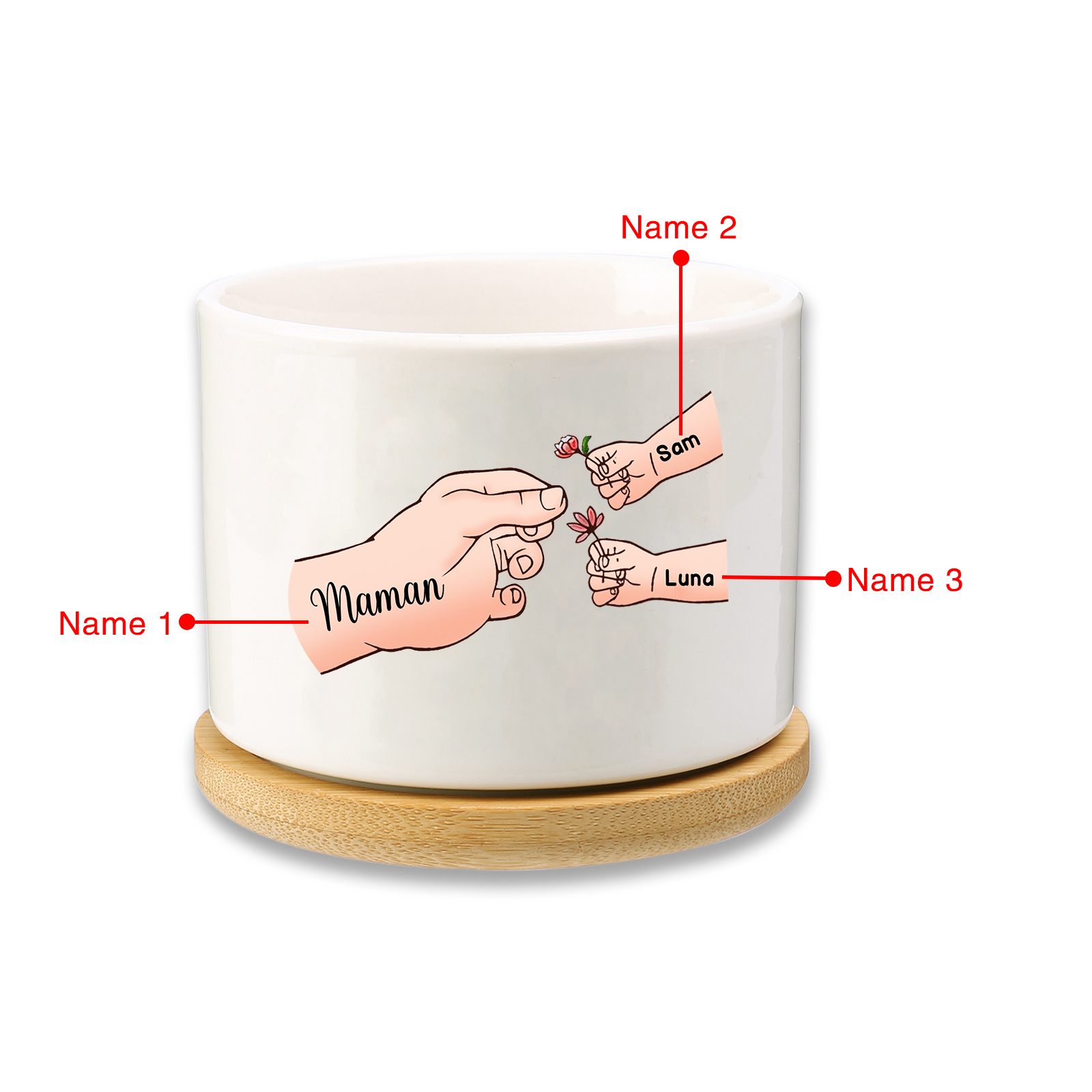 Vase/Pot de Fleurs mains et enfants 3 Prénoms Personnalisés Décoration de la Maison (sans plantes)