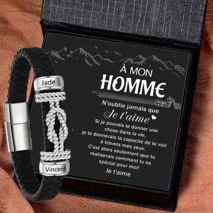 Jessemade FR À mon Homme - Bracelet en Cuir 2 Prénoms Personnalisé