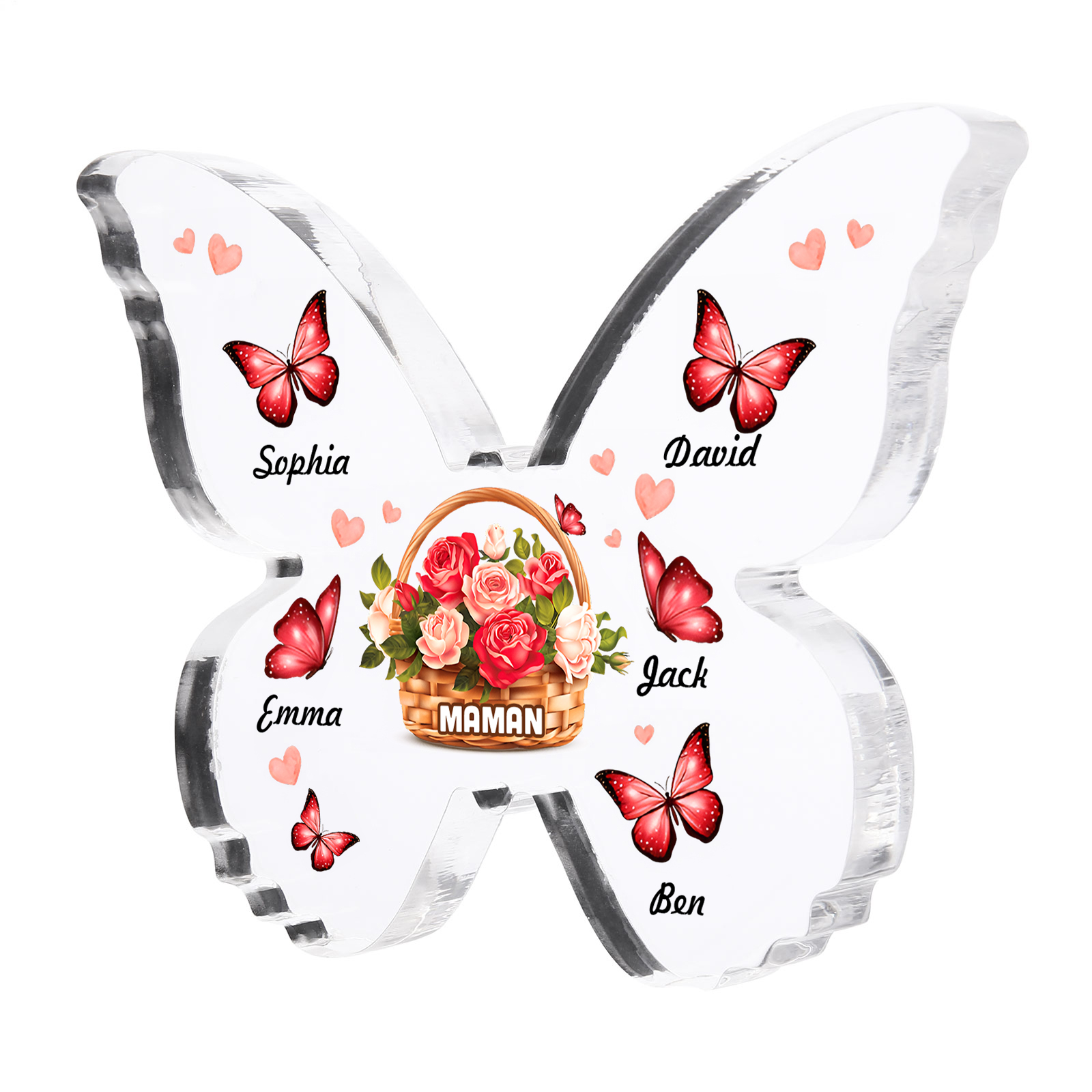 À Maman/Mamie - Plaque Acrylique en forme de Papillon 5 Prénoms et 1 Texte Personnalisés Decoration Fleurs et Papillons
