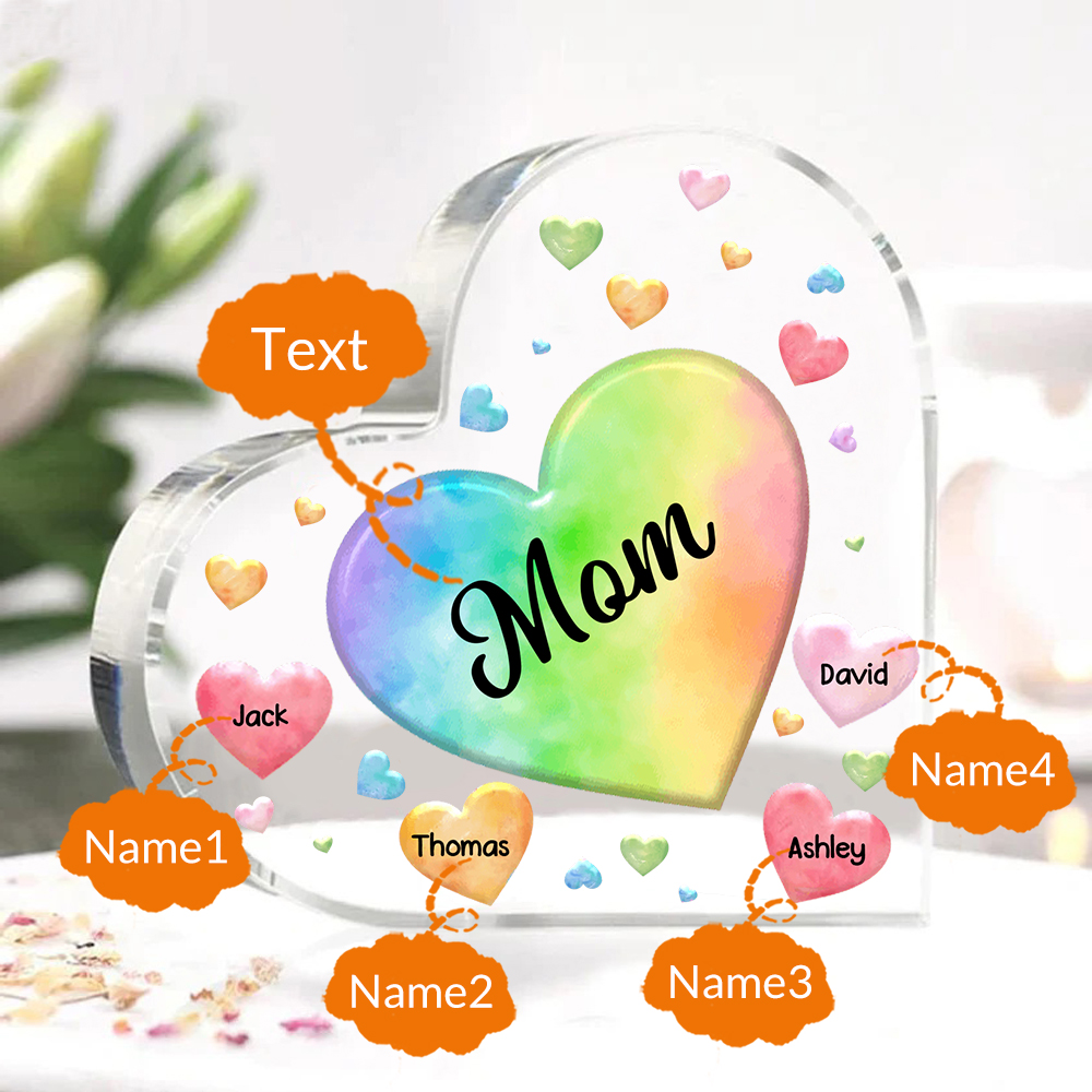 À ma Maman/Mamie - Plaque Acrylique en Forme de Cœur 4 Prénoms Personnalisés avec 1 Texte