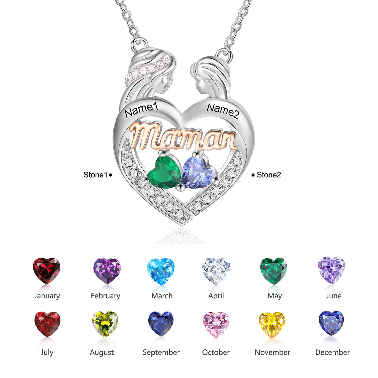 Collier mère et fille Cœur 2 Prénoms Personnalisé avec 2 pierres de naissance