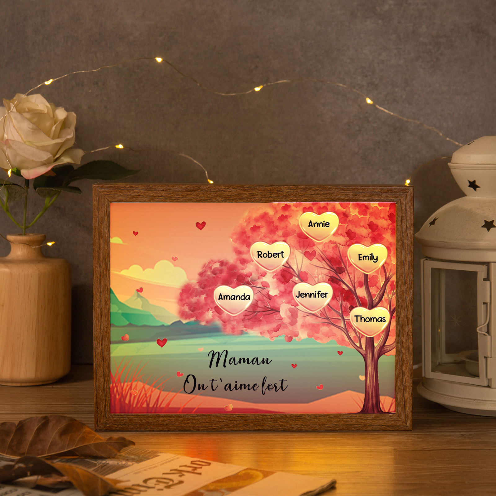 Cadre Photo LED Arbre 6 Prénoms Personnalisés avec 1 Texte Décoration Famille