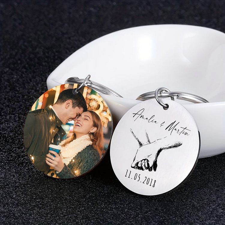 Porte-Clés 2 Prénoms et 1 Photo Personnalisés avec Date pour Couple