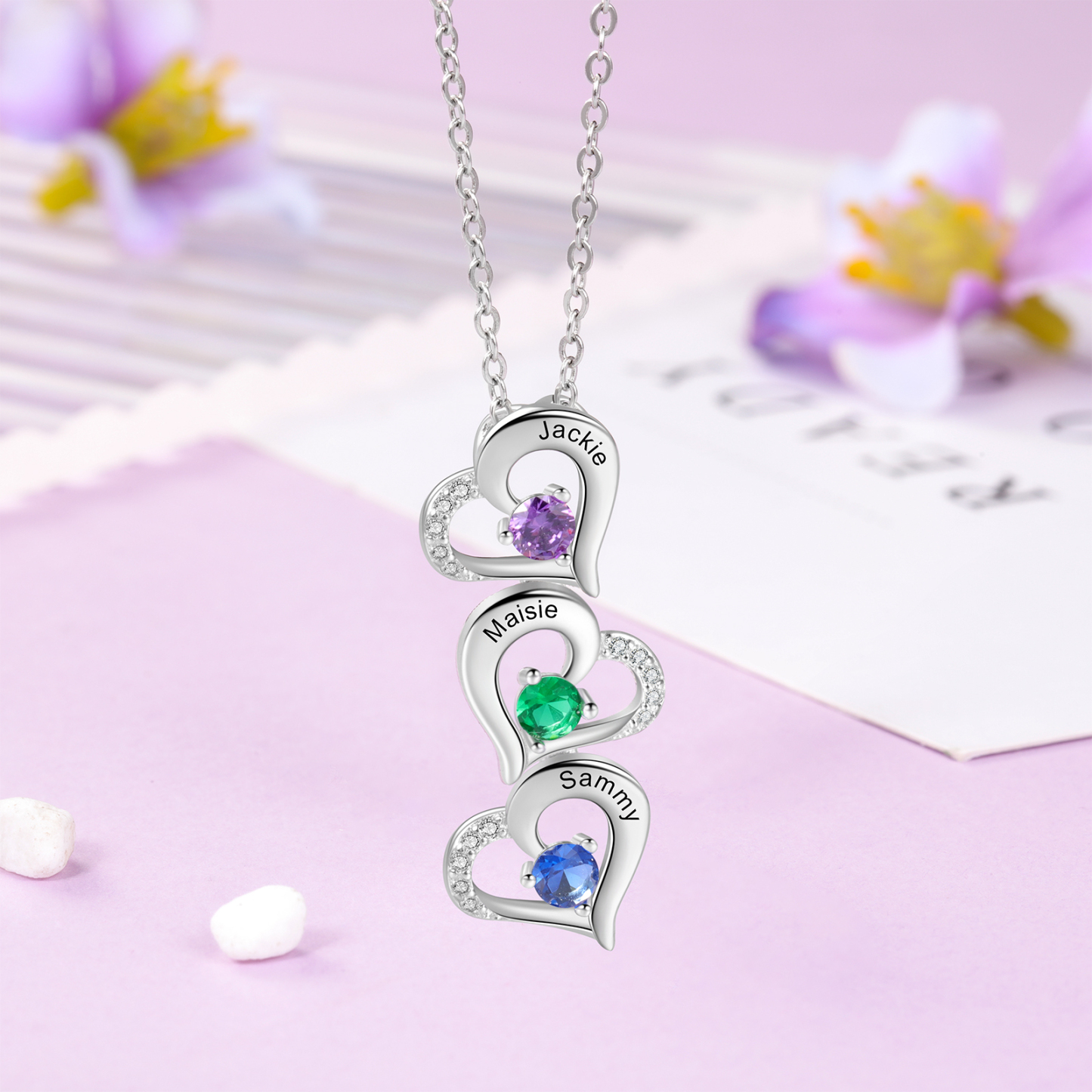 Collier 3 Prénom Personnalisé Pendentif Cœur avec 3 Pierre de Naissance