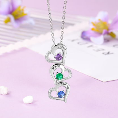 Collier 3 Prénom Personnalisé Pendentif Cœur avec 3 Pierre de Naissance