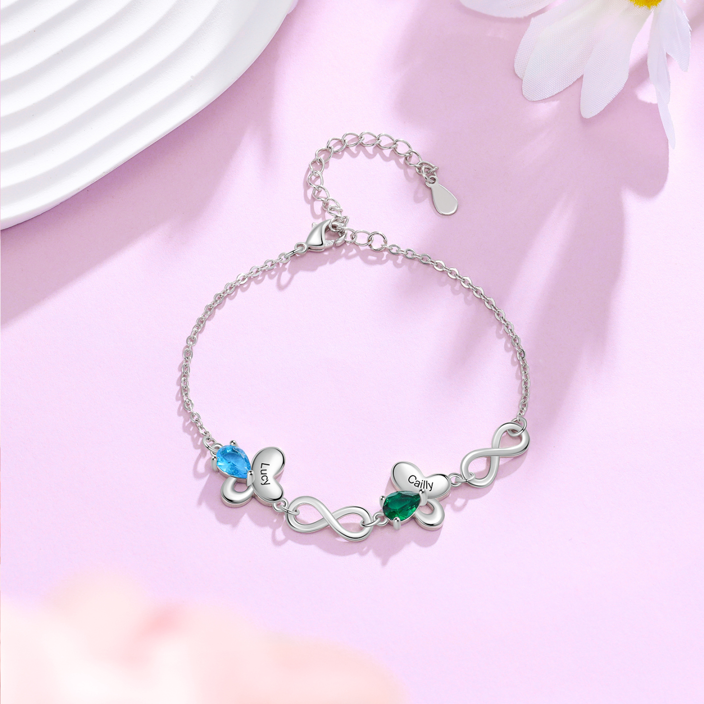 A ma fille Bracelet papillon 2 Prénom Personnalisé avec 2 Pierre de Naissance