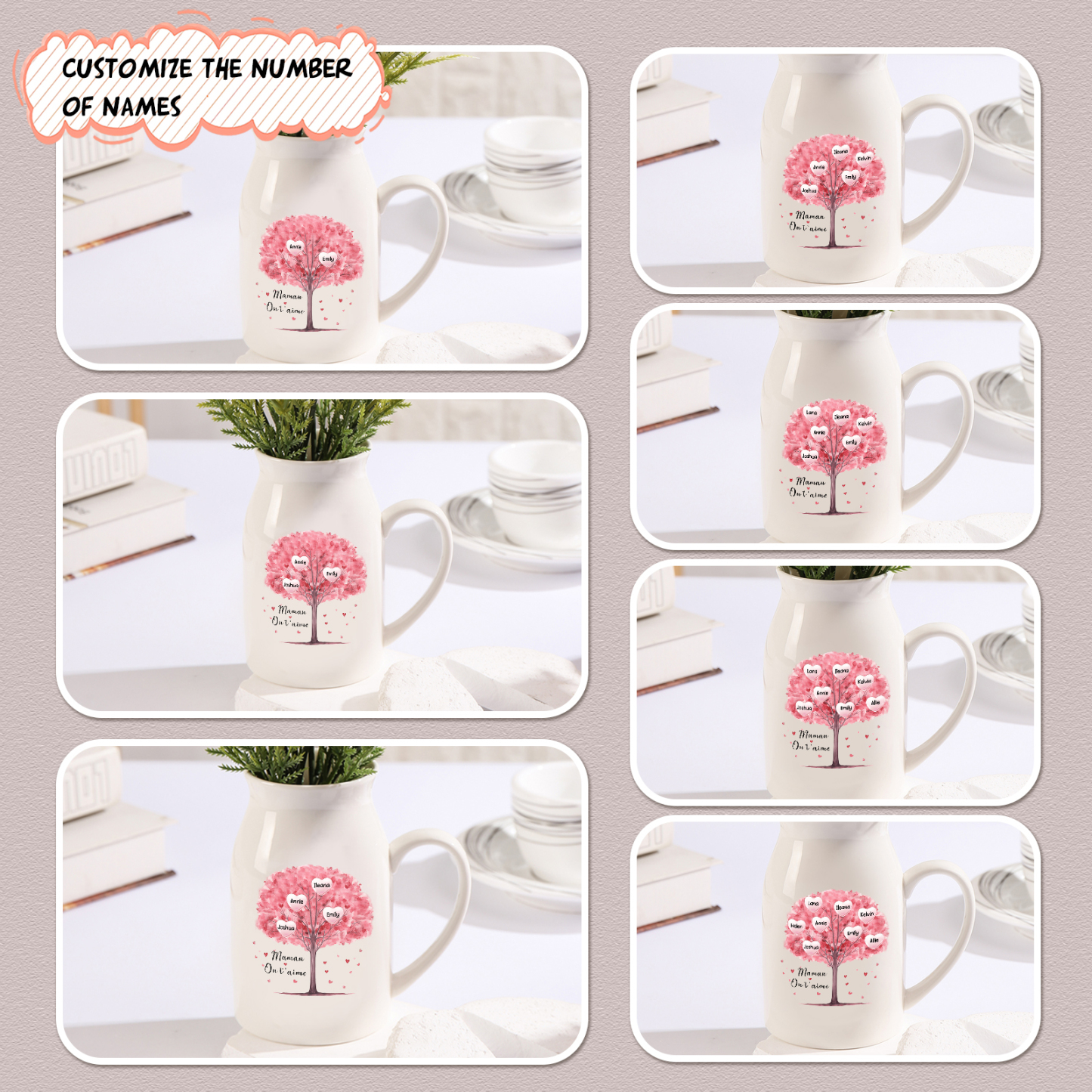 Vase à Fleurs Arbre 4 Prénoms Personnalisés avec Texte Décoration de la Maison