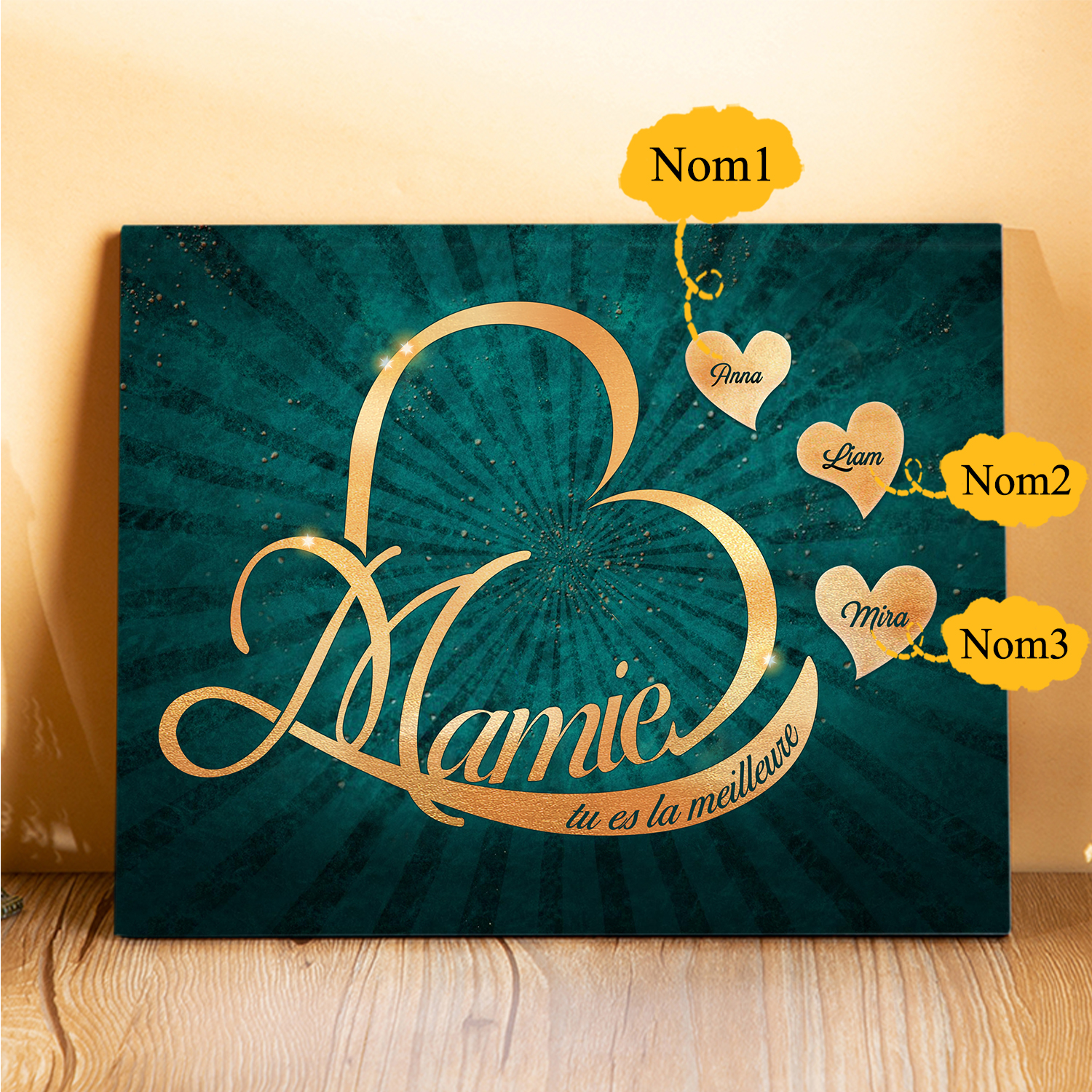 À ma Mamie - Cadre en Bois Cœur 1-6 Prénoms Personnalisés