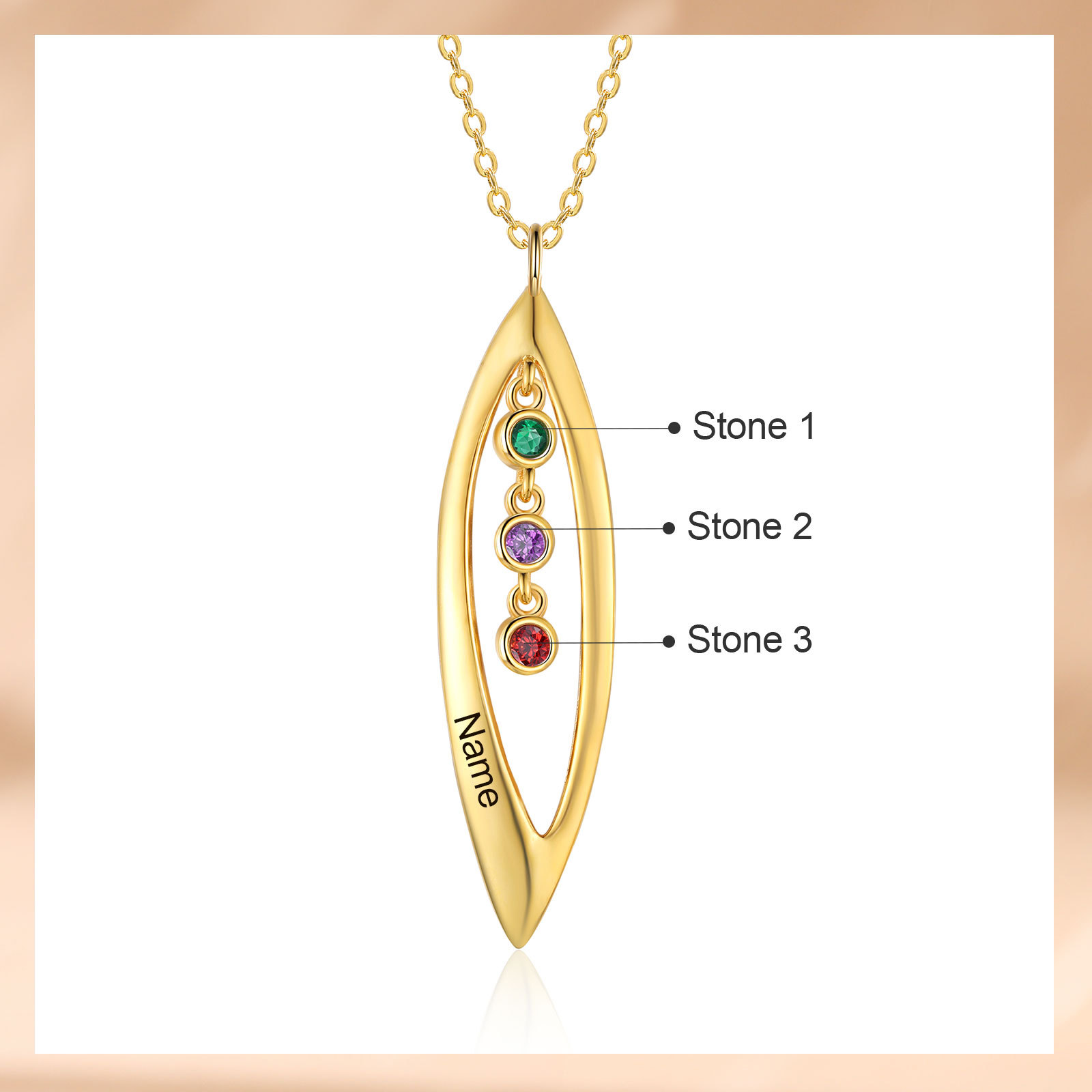 Collier Pendentif Feuilles 1 Prénom et 3 Pierres de Naissance Personnalisés Collier Femmes | Jessemade
