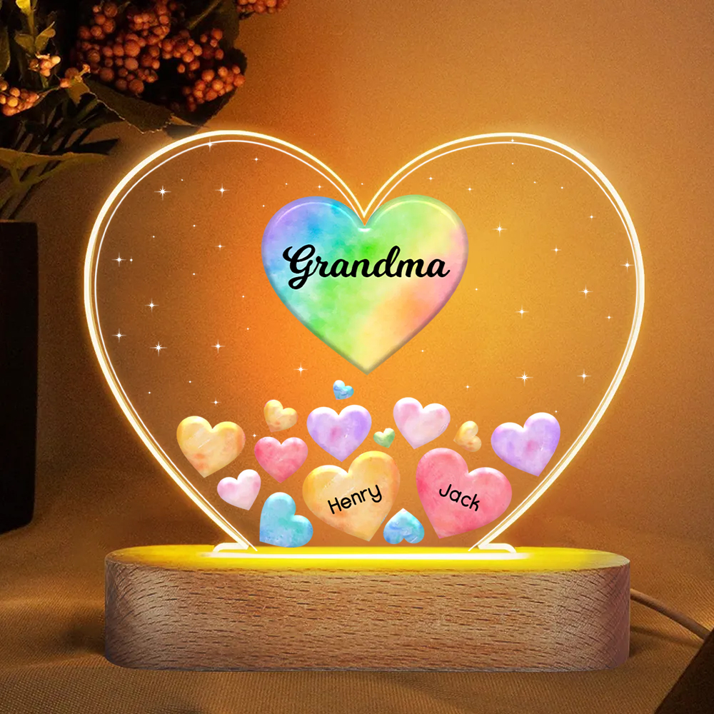 À Maman/Mamie - Lampe de chevet LED Cœurs 2 Prénoms Personnalisés avec 1 Texte