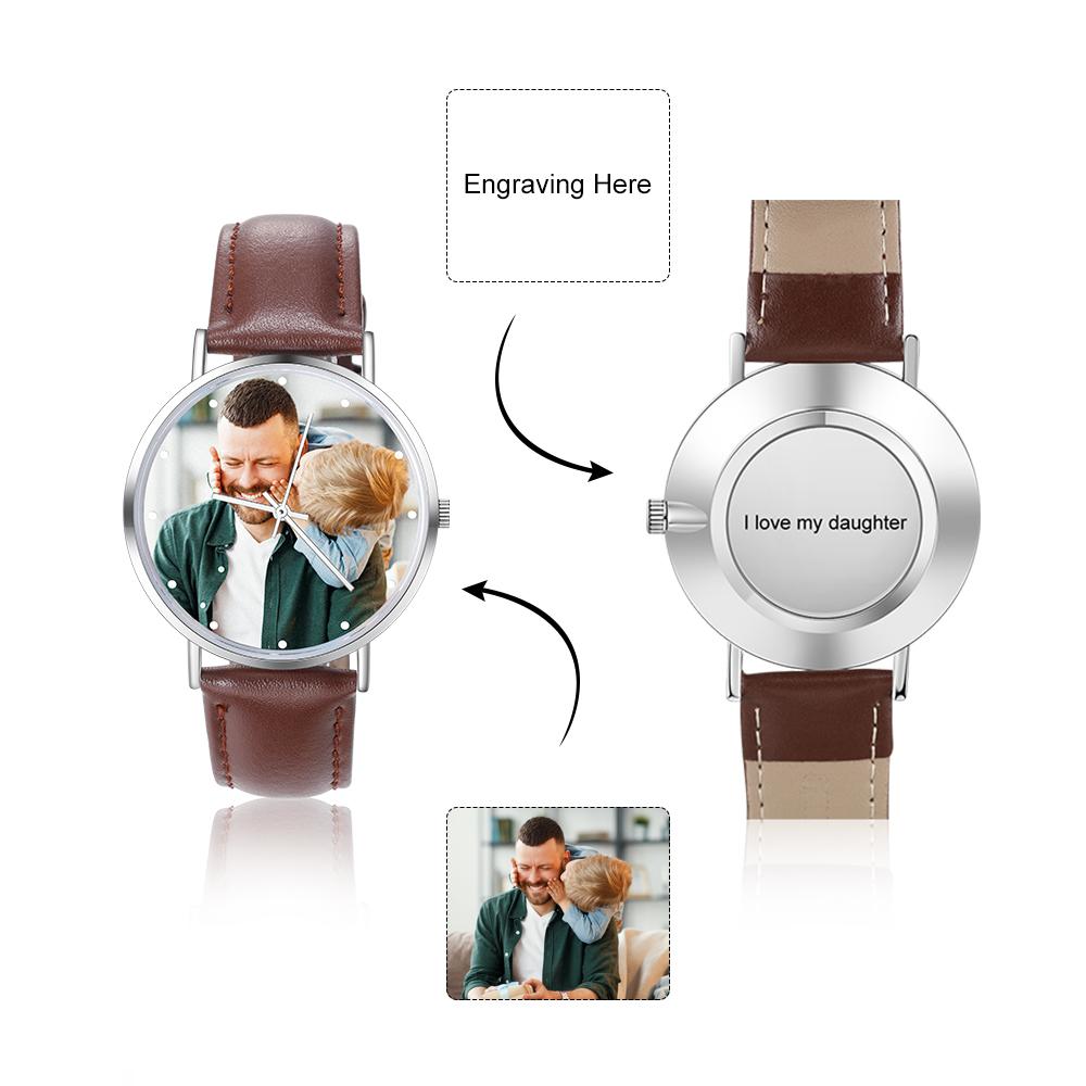 Montre Personnalisée Photo avec Gravure du prénom ou Message Bracelet en Cuir pour Femme