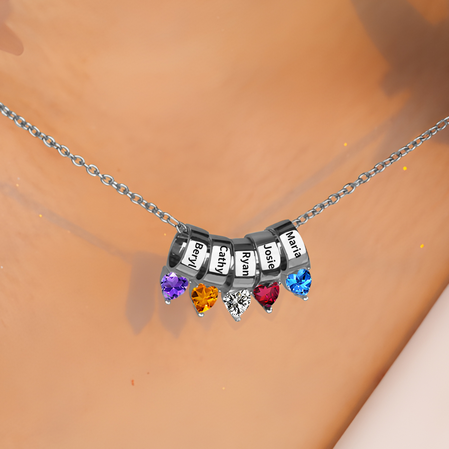 Collier Pendentif Cœur 5 Prénoms et Pierres de Naissance Personnalisés Collier Femmes