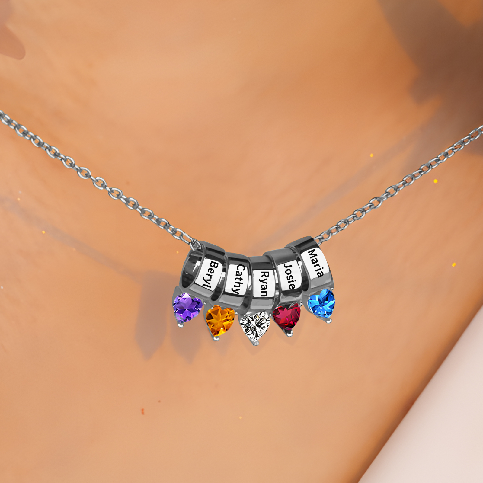 Collier Pendentif Cœur 5 Prénoms et Pierres de Naissance Personnalisés Collier Femmes