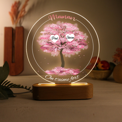 À Maman/Mamie - Lampe de chevet LED Lumières Arbre 2 Prénoms et 2 Textes Personnalisés pour Famille