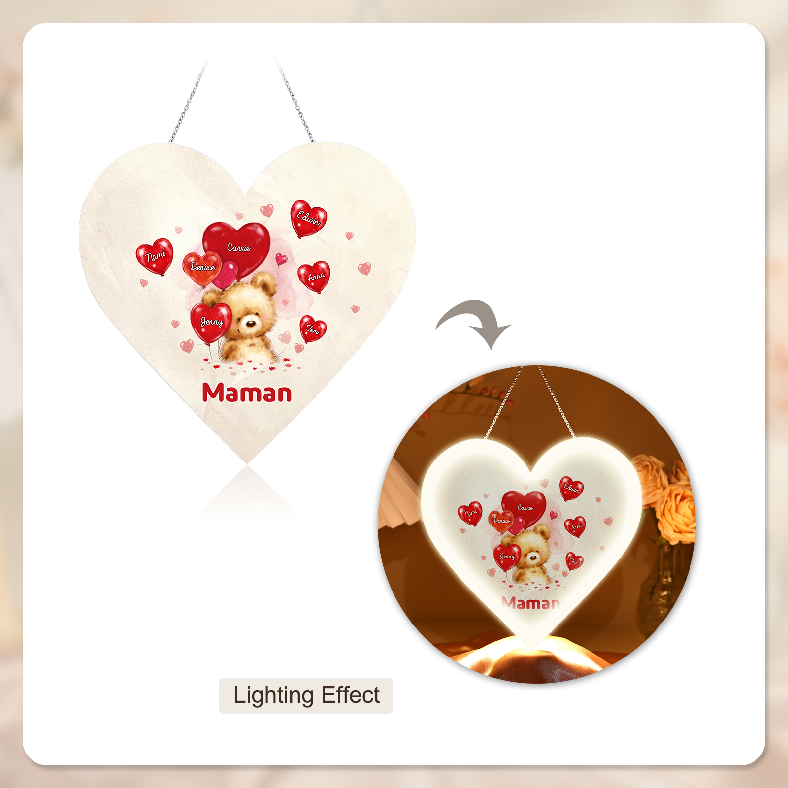 À Maman/Mamie - Veilleuse Cœur Décoration Ours 7 Prénoms Personnalisés avec 1 Texte