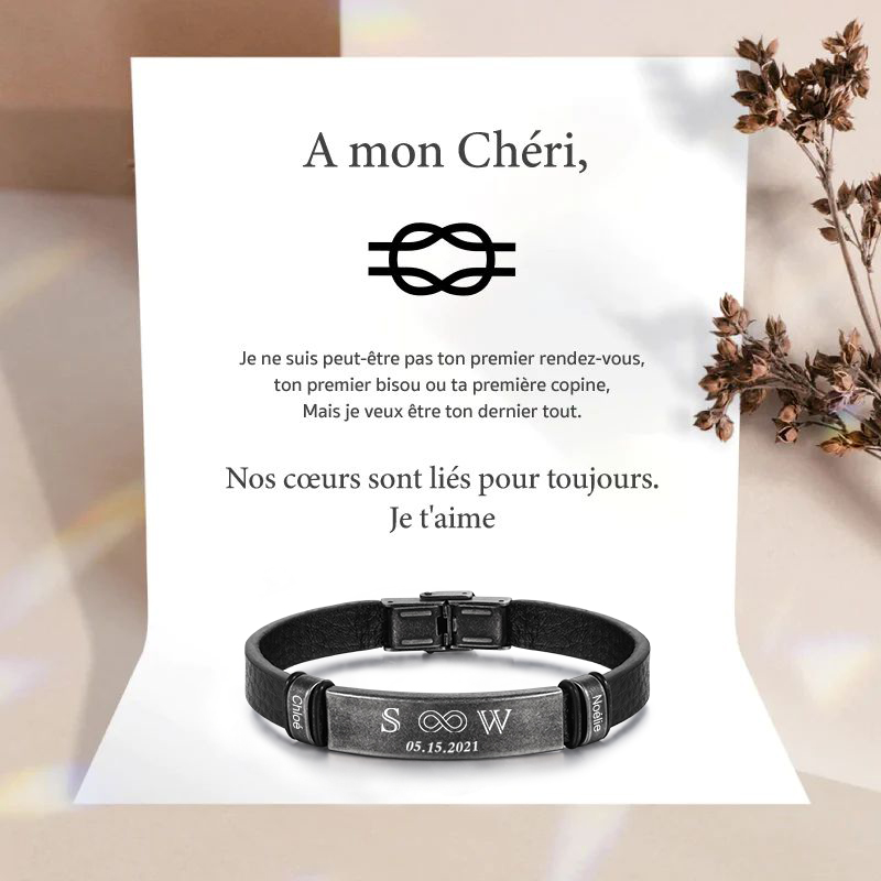 À Mon Chéri - Bracelet Initiale en Cuir 2 Prénoms et Lettre Personnalisés avec Date pour Homme｜Jessemade