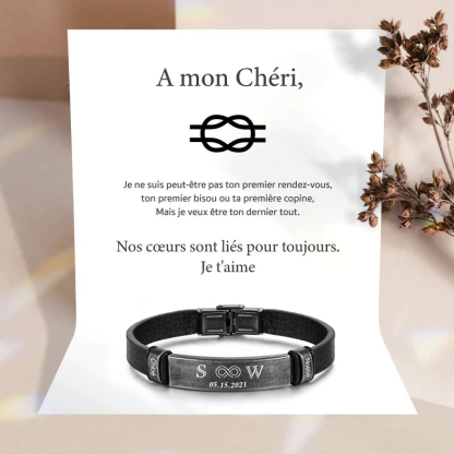 À Mon Chéri - Bracelet Initiale en Cuir 2 Prénoms et Lettre Personnalisés avec Date pour Homme｜Jessemade