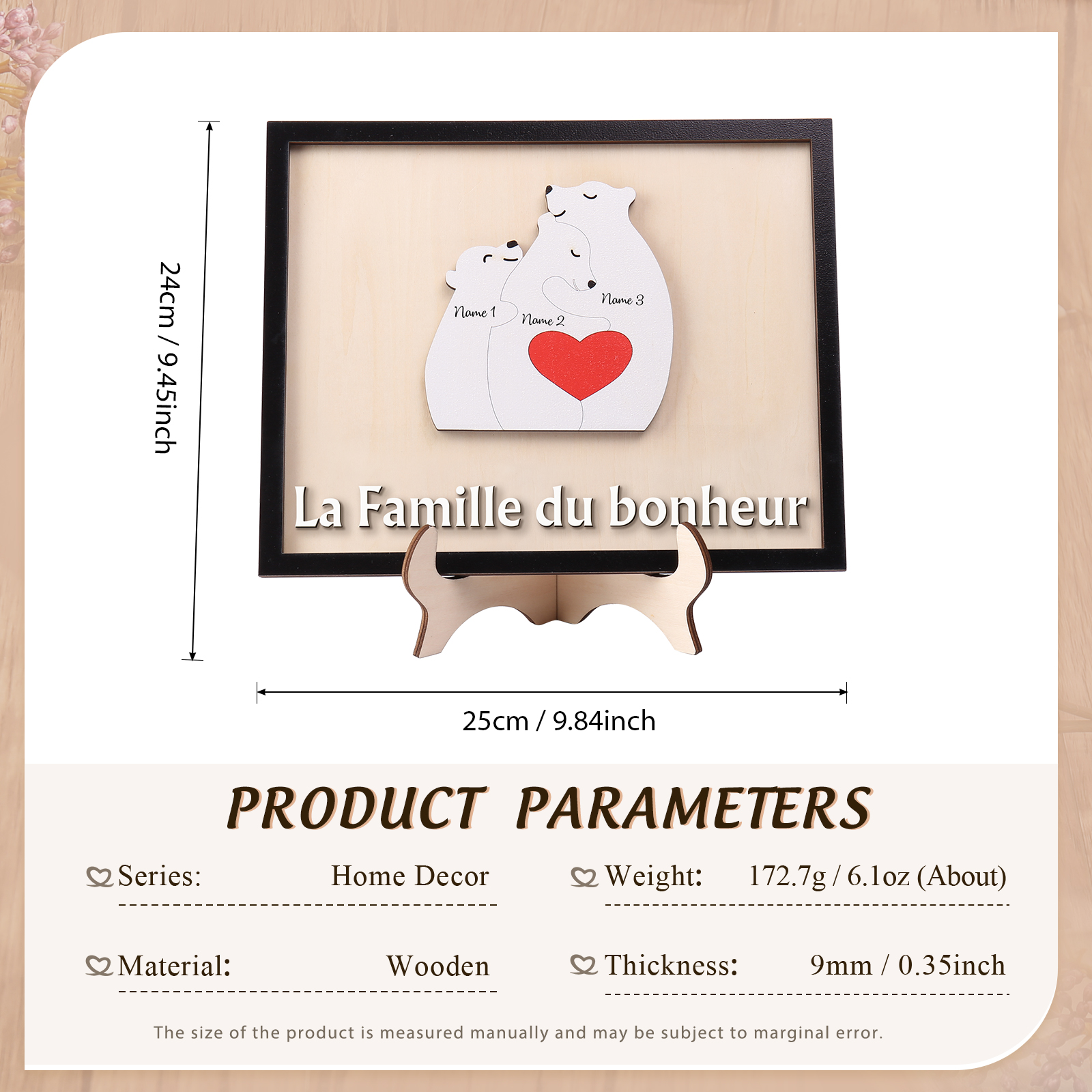 À ma Famille - Décoration en bois Ours 3 Prénoms Personnalisés Ornement pour Famille