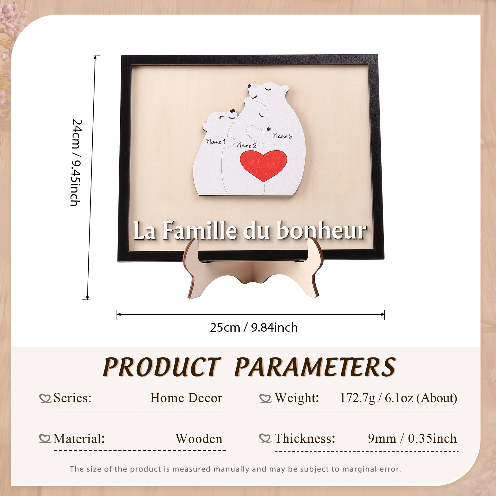 À ma Famille - Décoration en bois Ours 3 Prénoms Personnalisés Ornement pour Famille