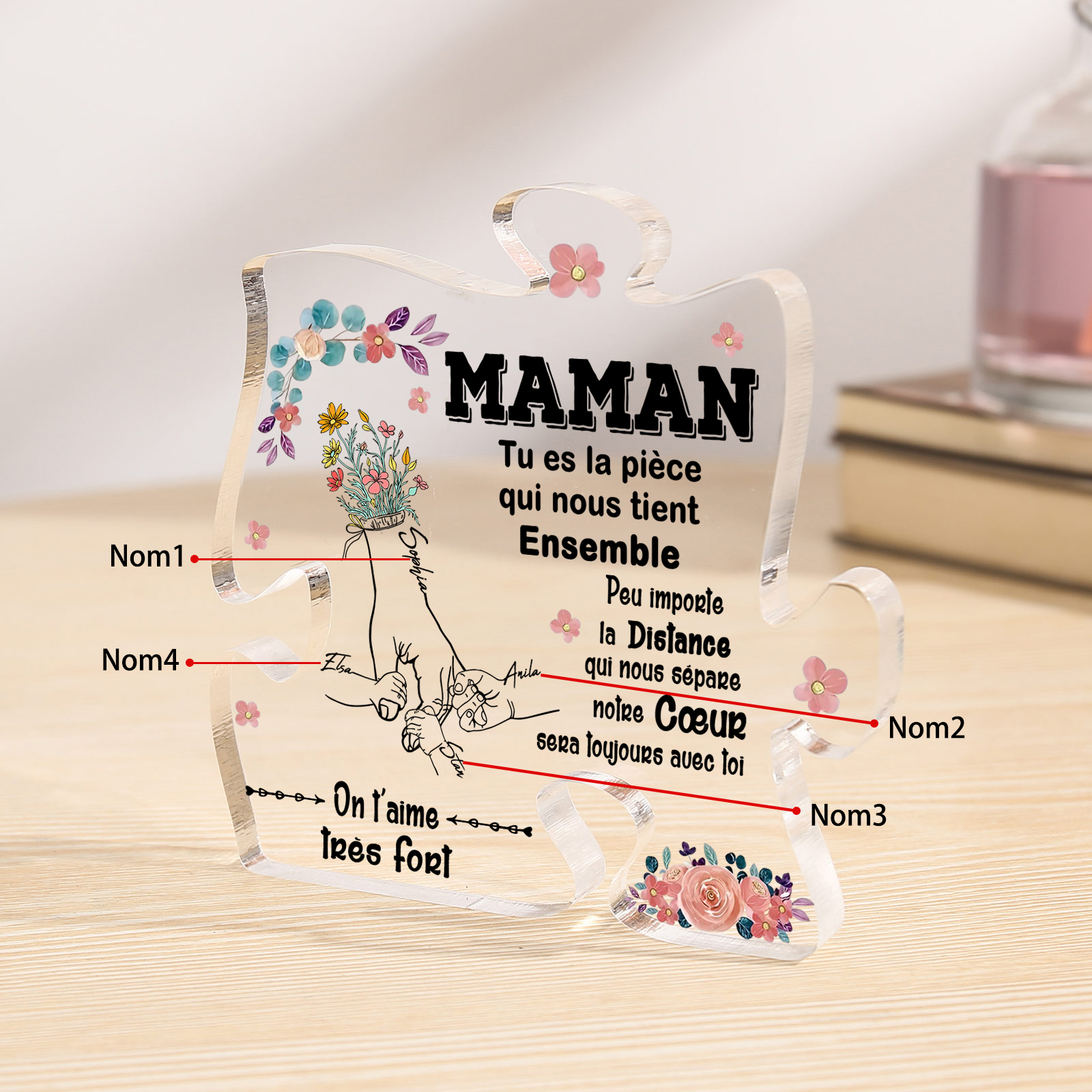 À ma Maman - Plaque Acrylique en forme de Puzzle 4 Prénoms Personnalisés la Main dans la Main cadeau pour femme anniversaire | Jessemade