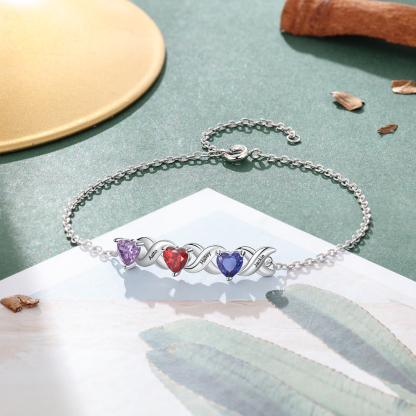 Bracelet à Breloque 3 Prénoms Personnalisé avec 3 Pierres de Naissance