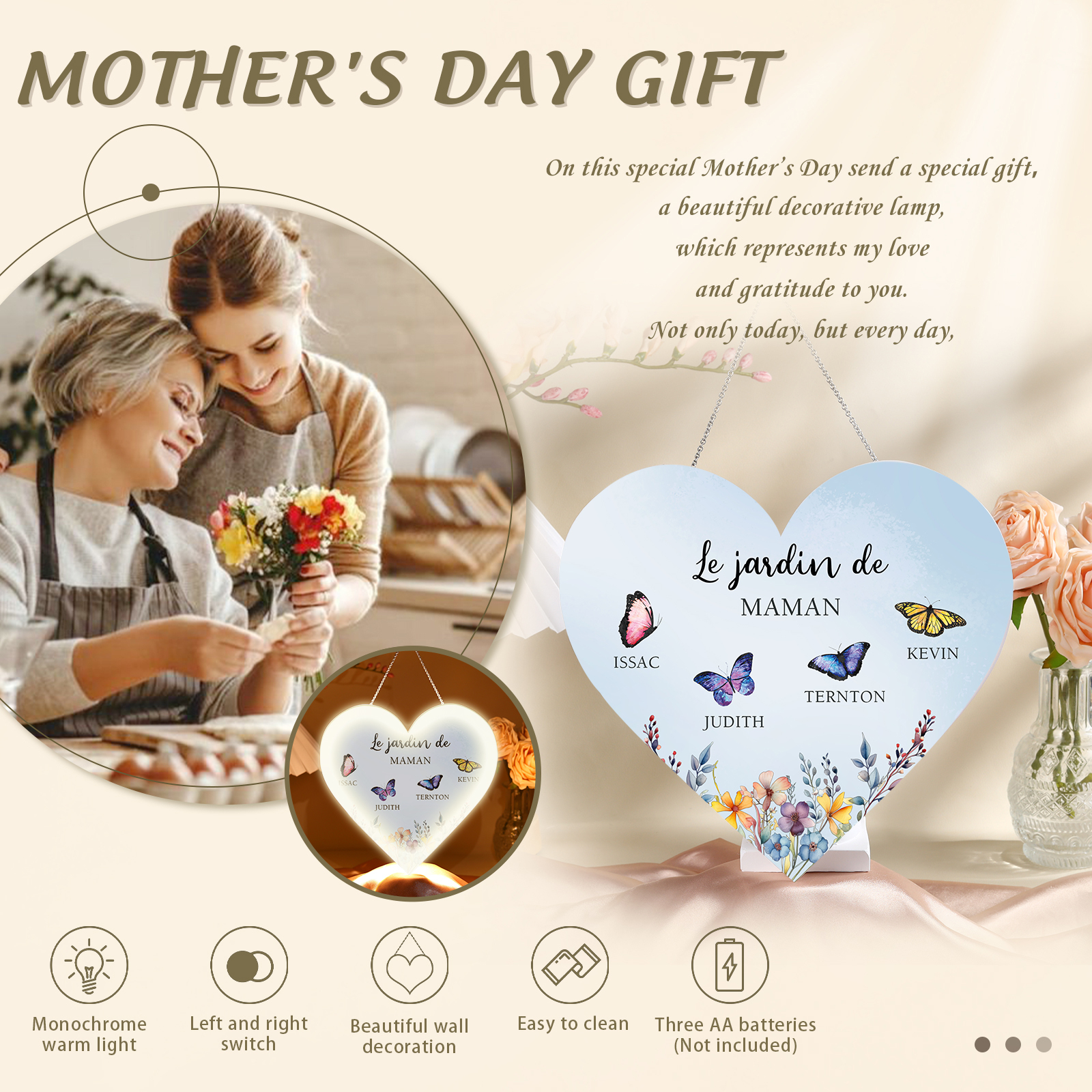 À Maman/Mamie - Veilleuse Cœur Décoration Fleur et Papillon 4 Prénoms Personnalisés avec 1 Texte