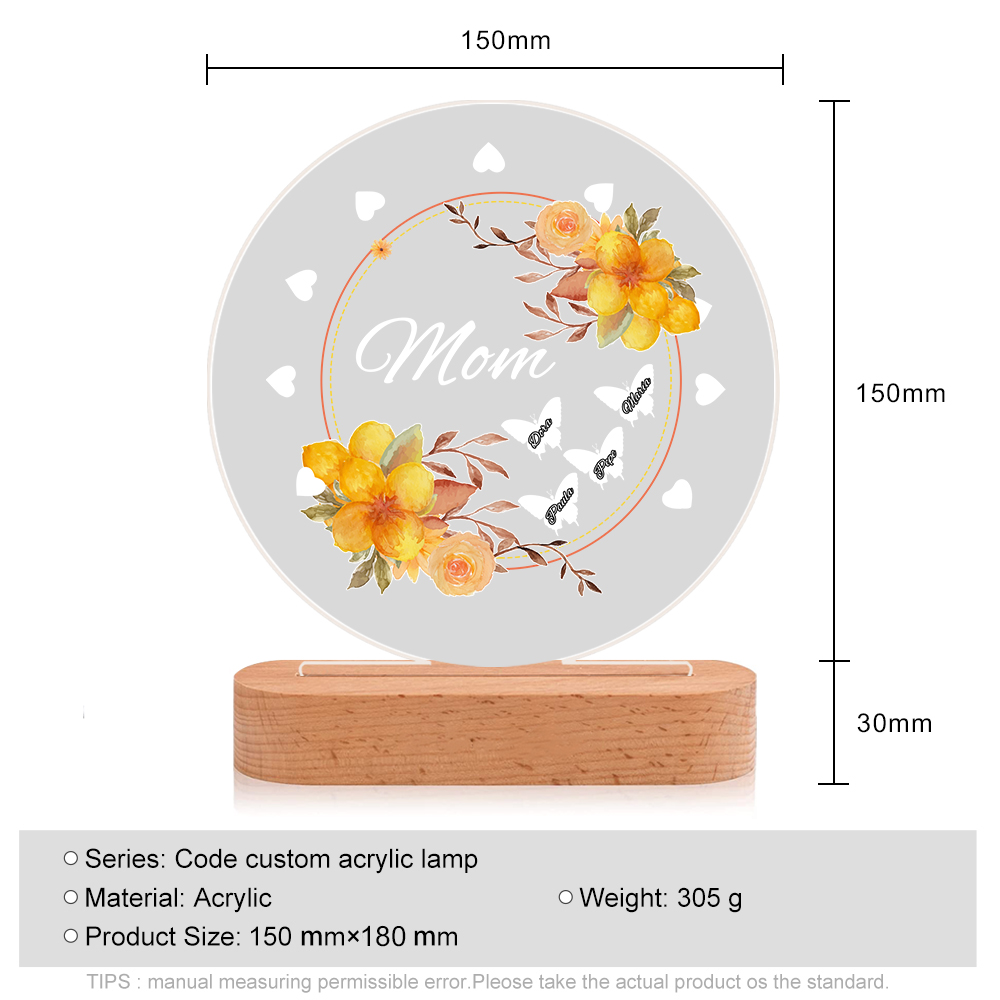 À Maman/Mamie - Lampe de chevet LED Fleurs et Papillons 4 Prénoms Personnalisés avec 1 Texte